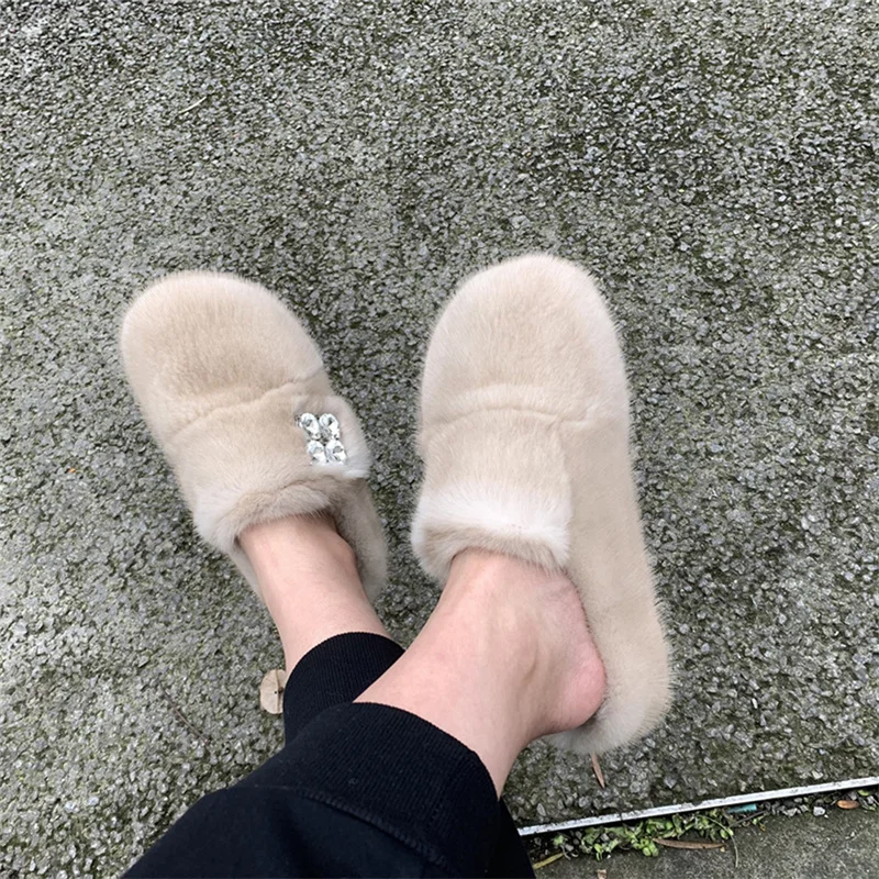 Winter High-end Fur Slippers New Women's Mink Fur Slippers Indoor Warmth Baotou Slippers Home Casual Rhinestone Lace Up Gift