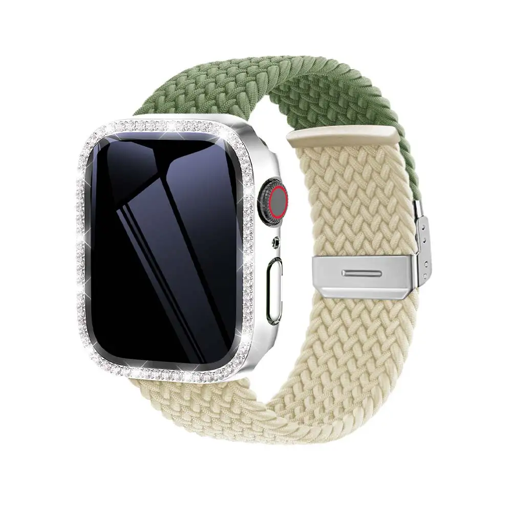 Pasek do zegarka Apple Watch 44 mm 45 mm 40 mm 41 mm Pleciony pasek z pętlą Solo z diamentowym szkłem + osłona do bransoletki iWatch Series 9 7 8 6 5SE