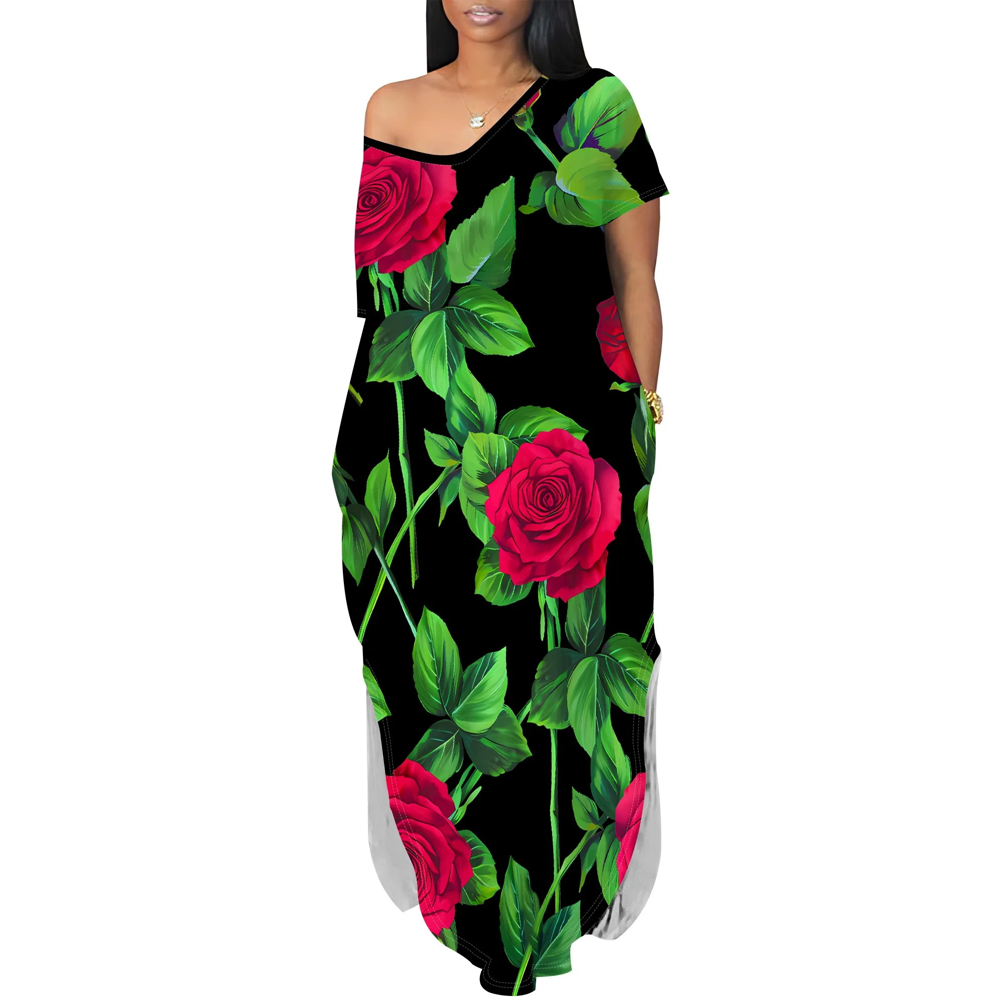 Women's Pullover Sexy Short Sleeve One-Shoulder V Neck Fashion Printed Summer  Two-side Slits Casual Maxi Dresses With Pocket