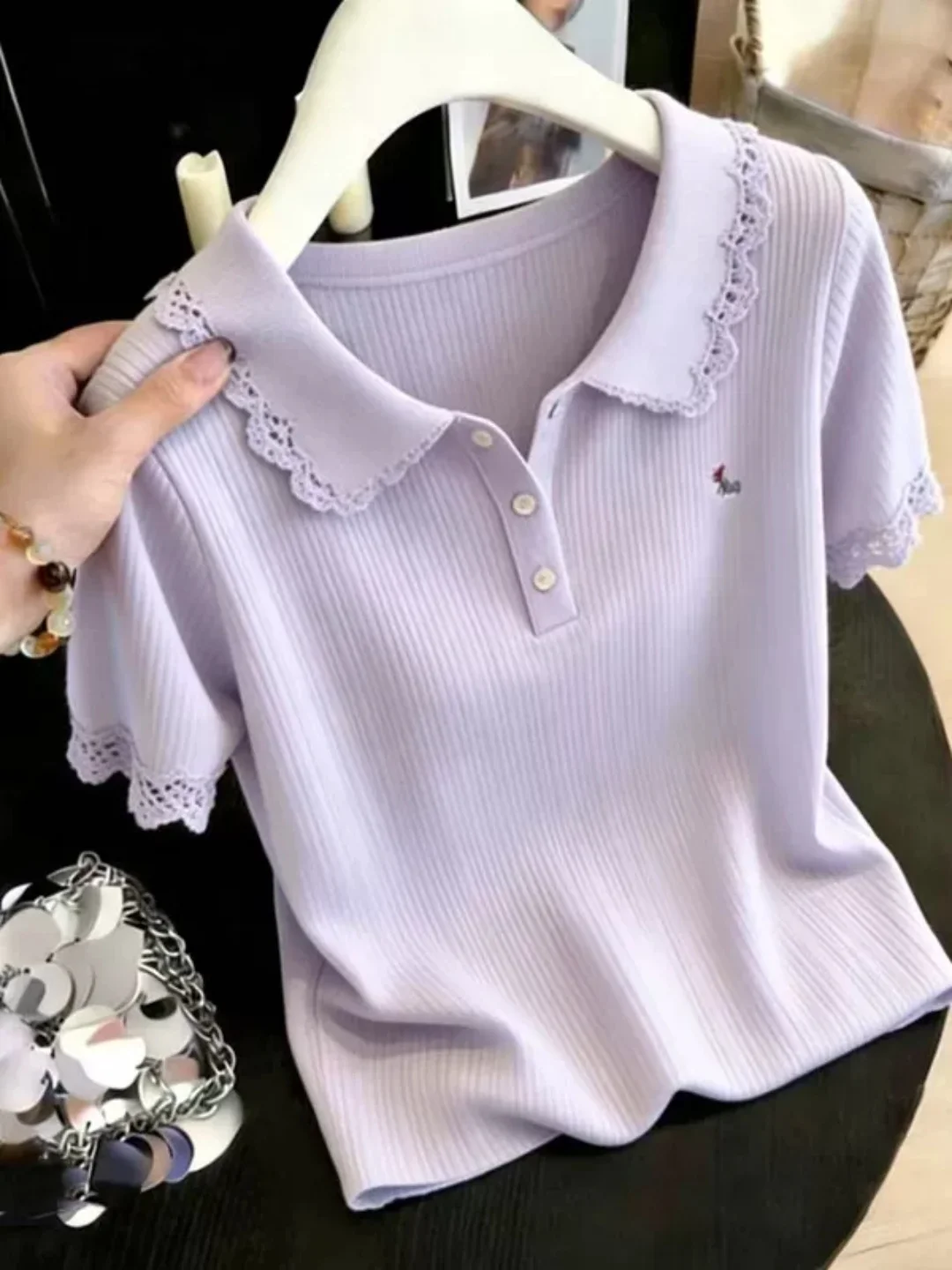 Korean Style Sweet Youth  Neck Short Sleeve Knitted Sweater Women's New Summer Design Lace Splicing Top Breathable Skin-F...