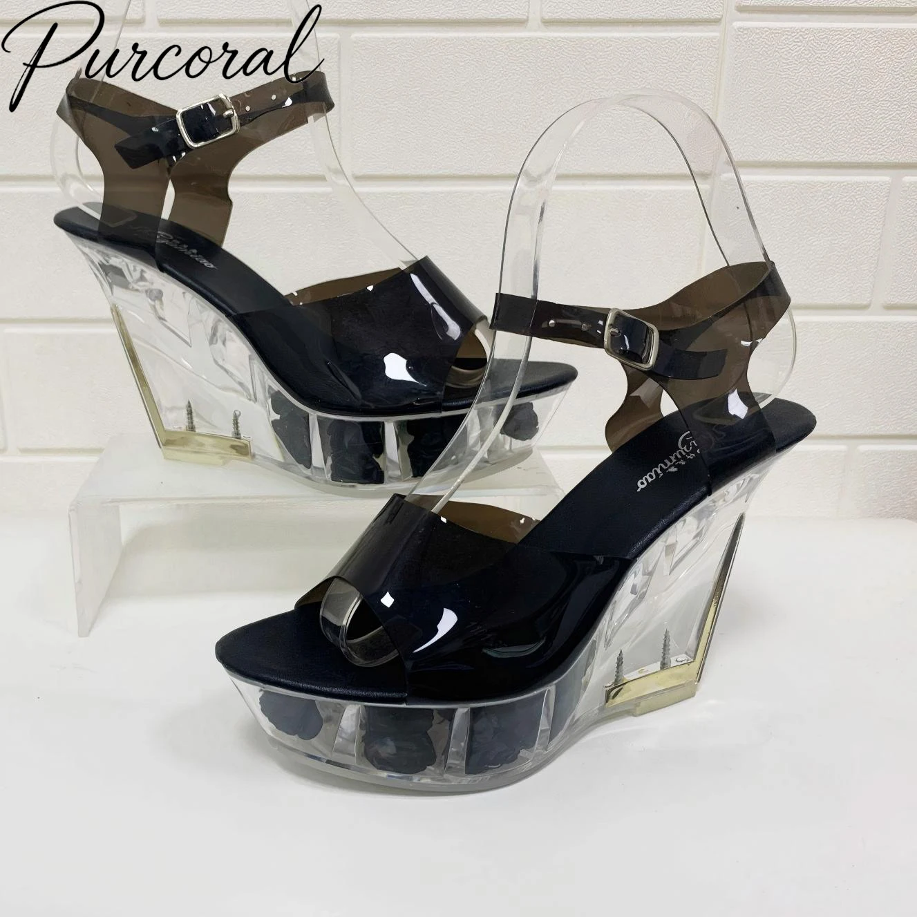 Purcoral Women Transparent Crystal Wedge Sandals Peep Toe Ankle Strap Platform High Heels Black Patent Leather Nightclub Shoes