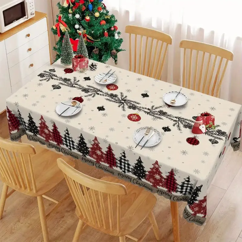 VIKAMA Xmas Holiday Tablecloth Buffalo Plaid Christmas Tree Snowflakes Pattern Table Cover For Home Kitchen Dining Decor