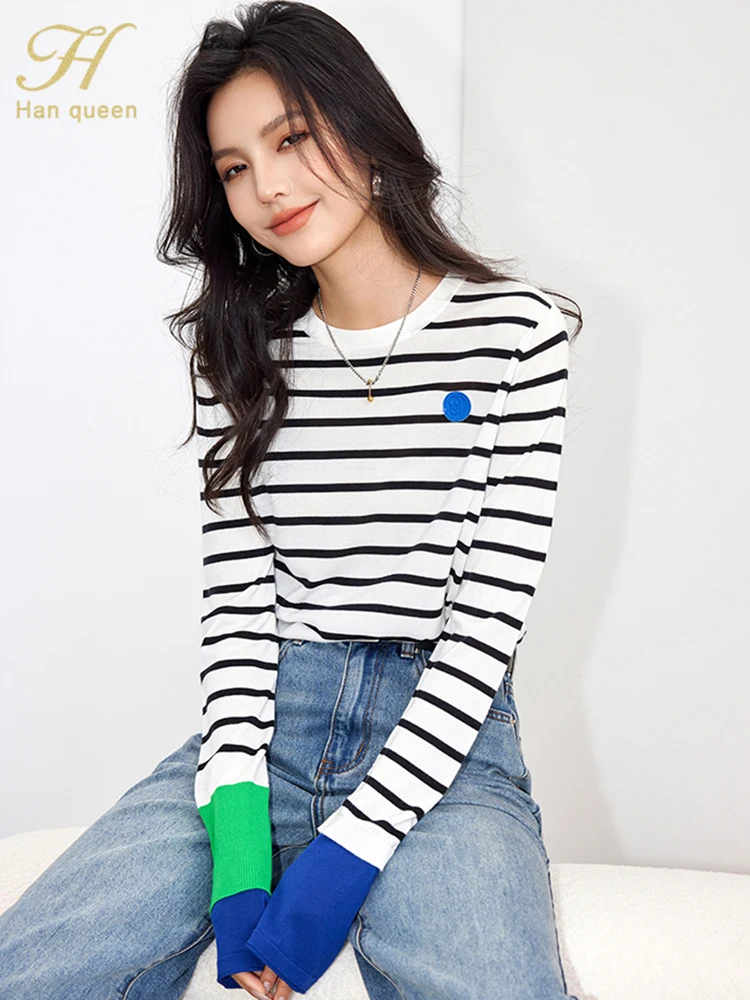 H Han Queen 2024 Spring Korean Woman Clothing Fashion Clashing Stripes Casual T-Shirts Basic Long Sleeve Vintage Top Female Tees