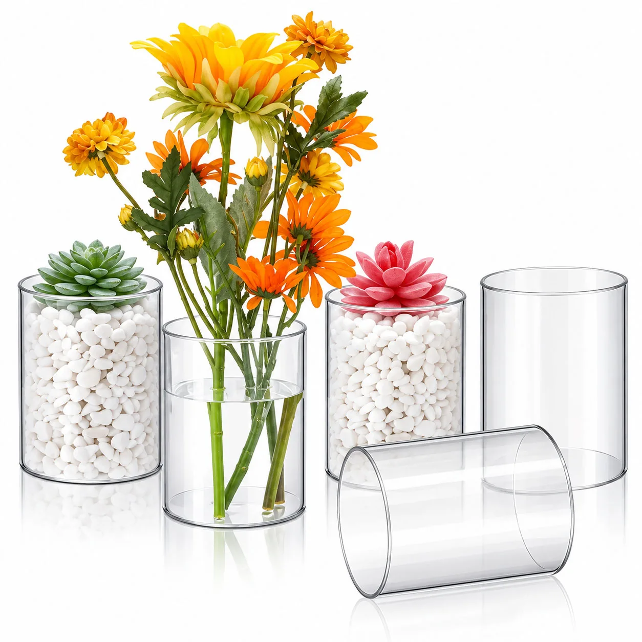 6/4/2 Pcs Plastic Cylinder Vase Acrylic Cylinder Vase Small Clear Flower Container Hurricane Candle Holder Round Wide Container