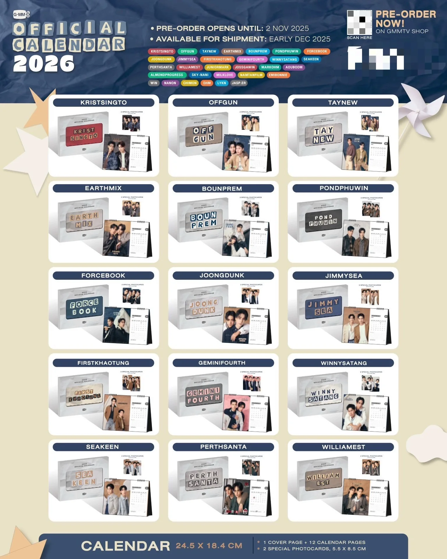 

2025 Official Gmmtv Pondphuwin Joongdunk Bounprem FirstKhaotung Jimmy Sea Junior Mark Boys 2026 Calendar