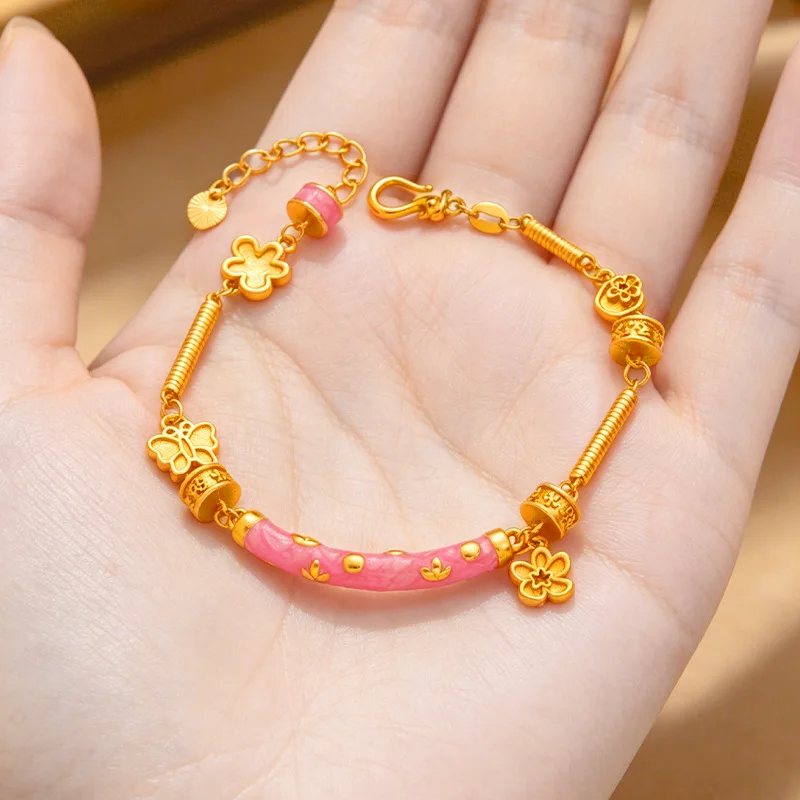 Daily Fresh Enamel Curved Tube Flower Butterfly Half Bangle For Women 24K Gold AU999, Gentle Solid Gold Women Bracelet