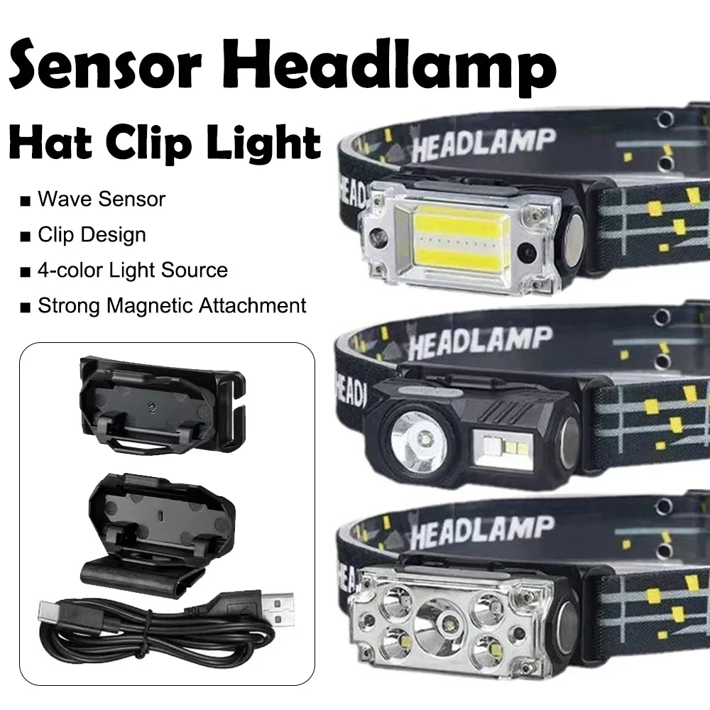 

COB Sensor Headlamp 5 Modes Strong Bright LED Hat Clip Headlight Rechargeable Waterproof Camping Fishing Flashlight Work Lights