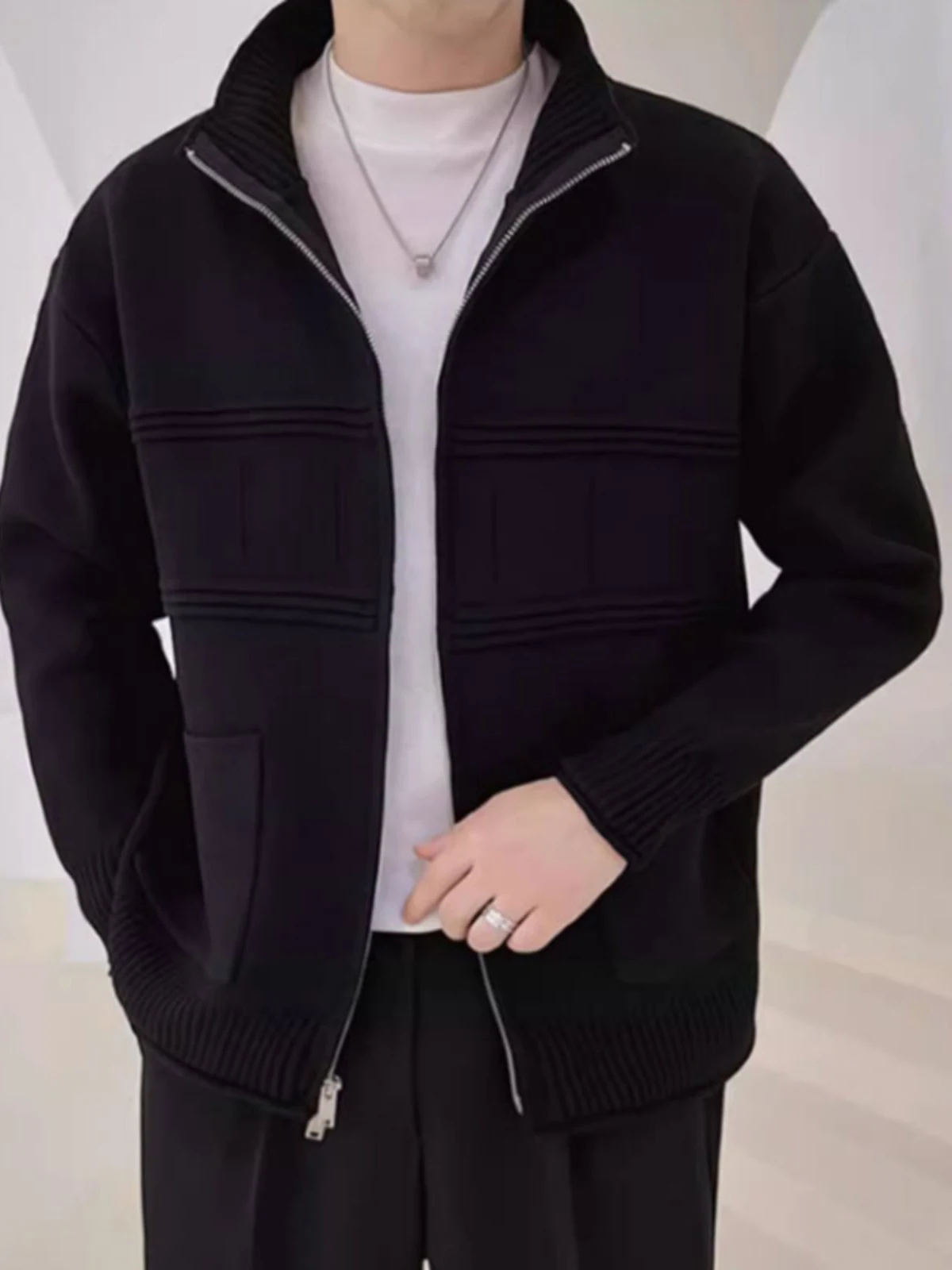 

Autumn Winter Men's Open Cardigan Sweater Jaet Loose Double Zipper Stand Collar Knittedwear Casual Basic Polyester Fiber