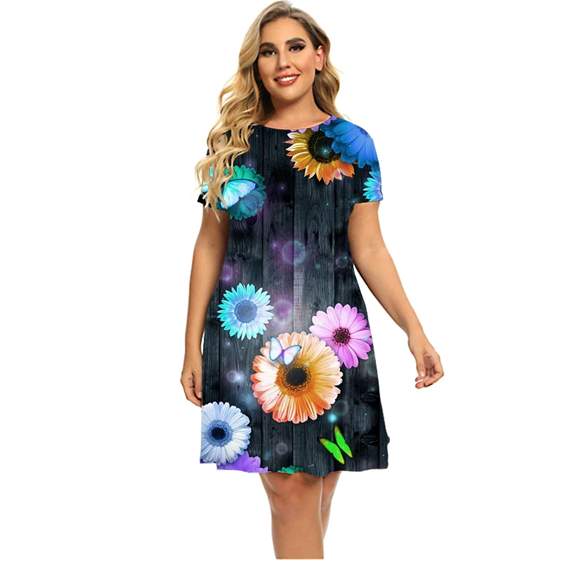 Nieuwe Gradient Plant Bloem Power Daisy 3D Print Jurken Zomer 2023 Vrouwen Hipple Korte Mouw Jurk Mode Kleding Plus Size