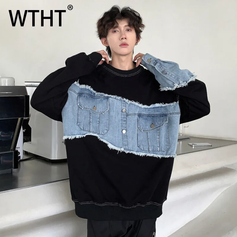 

WTHT Fashion Men's Spliced Denim Burr Edge Pockets Cargo T-shirts Trendy Loose Long Sleeves O-neck Tops Male 2025 Summer 2A0443