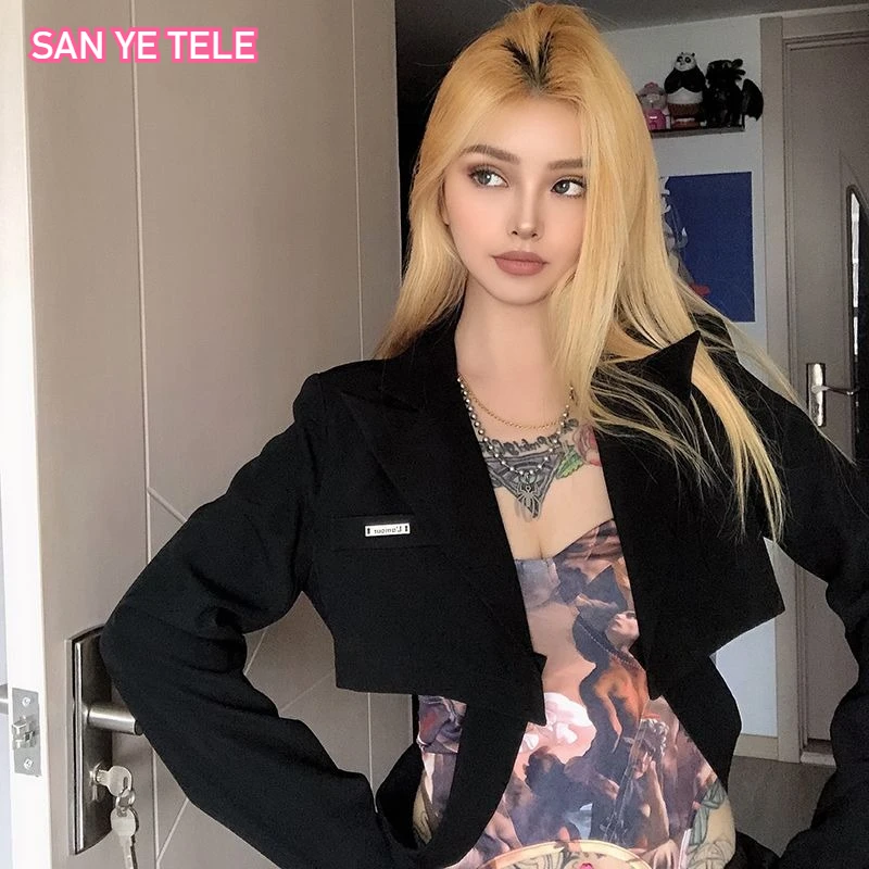 Cool Girl Short Black Suit Jacket Women High Waist Cross Tie Long Sleeve Fashion Design Loose Casual Spring Autumn Top