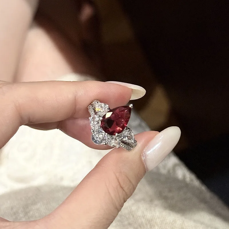 925 sterling silver high-end exquisite red zircon open ring women's geometric water droplet light luxury elegant jewelry gift