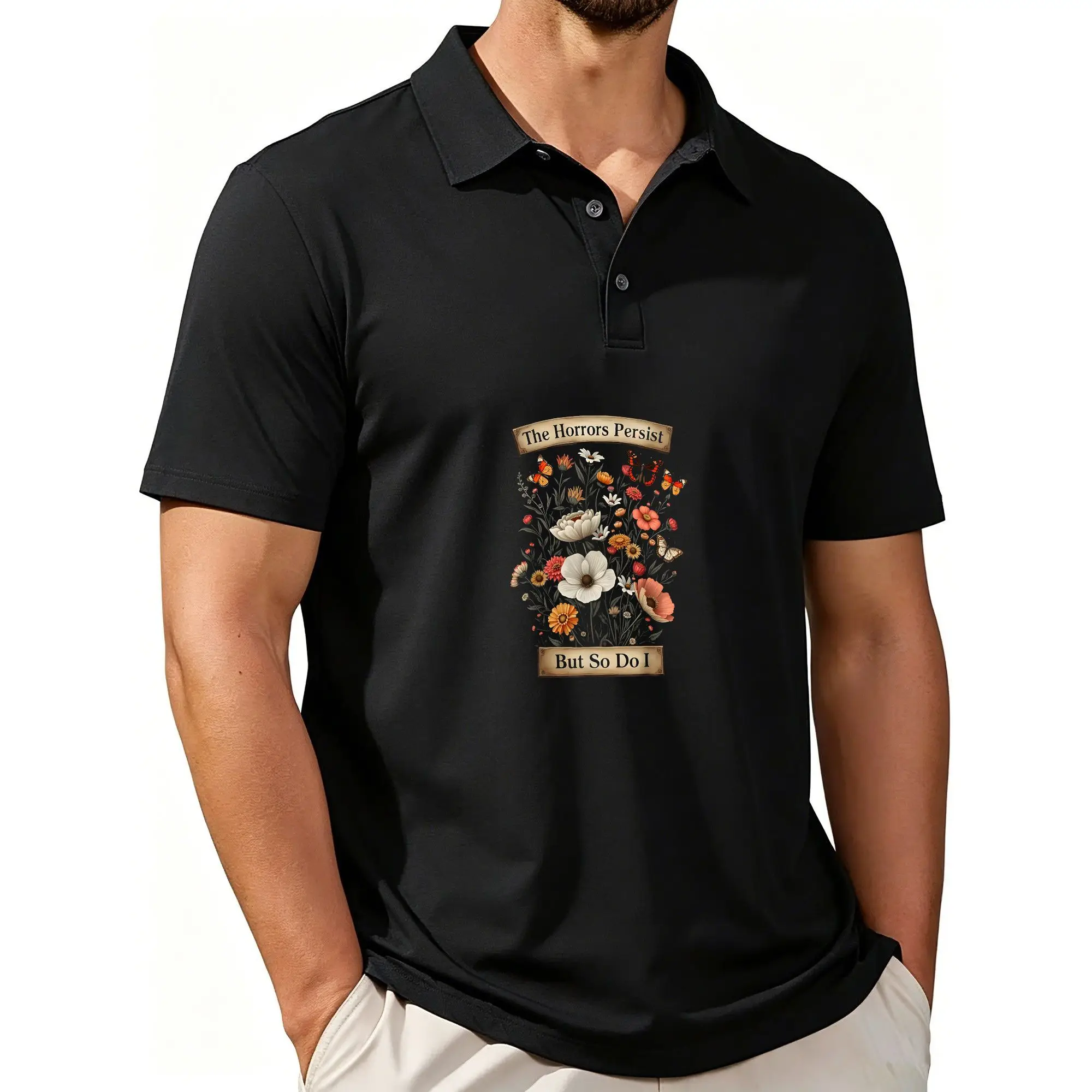 Men's Printed Short-Sleeved Polo Shirt, with a Retro Floral Design That Remains Optimistic Despite the World's Challenges, Featuring a Stylish and Casual Fit, Breathable Fabric, and Suitable for All Seasons.