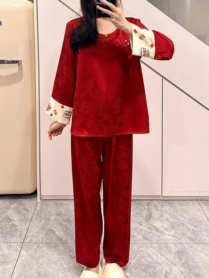 Chinese Ancient Style Hanfu Pajamas Women Spring Summer Long Sleeve Round Collar Womens Loose Jacquard Ice Silk Retro Home Wear