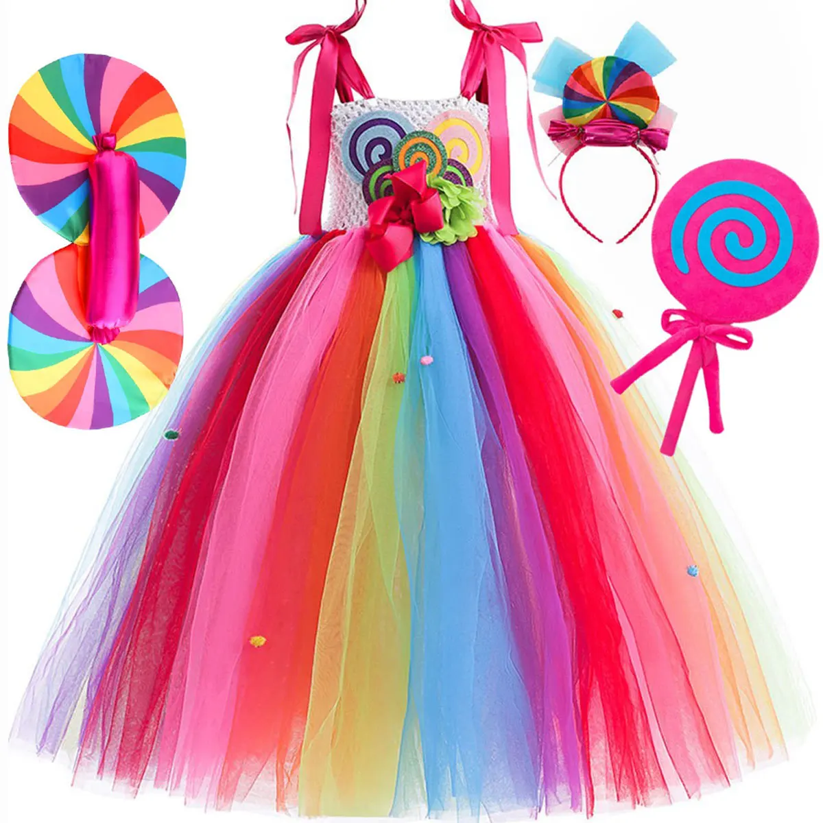 Children Cute Rainbow Candy Princess Dress Girls Christmas Carnival Lollipop Tutu Costume Kids Cosplay Performance Clothing Set