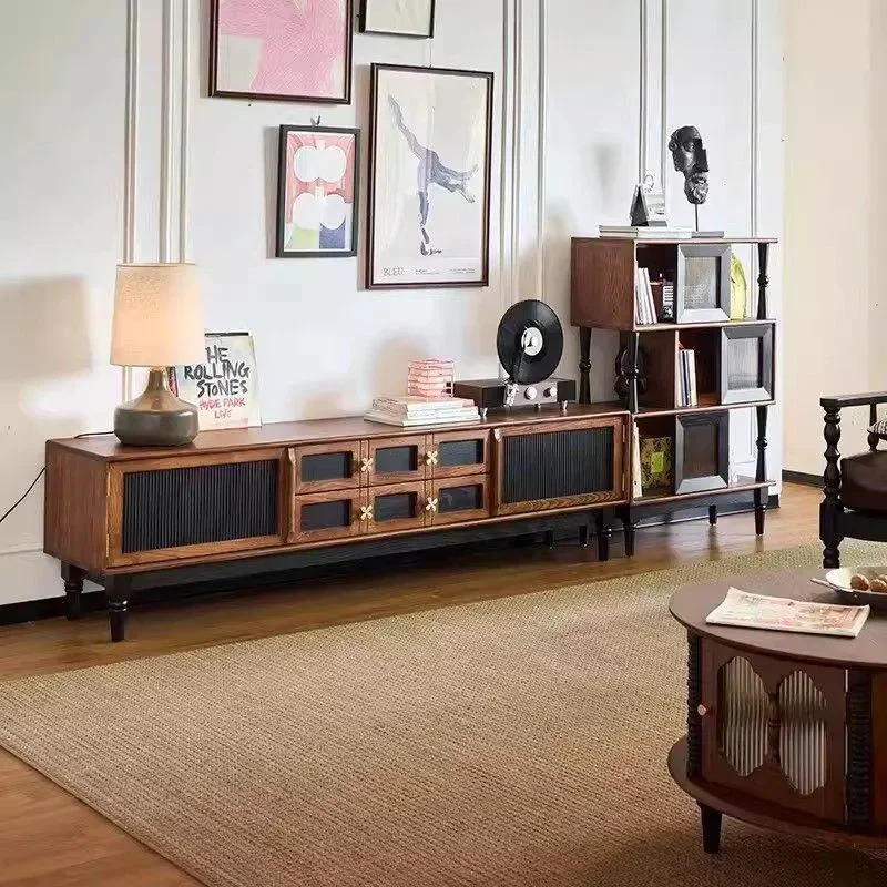 French Retro Solid Wood TV Cabinet Living Room Antique Storage Unit Contrasting Color Audio Visual Console Furniture