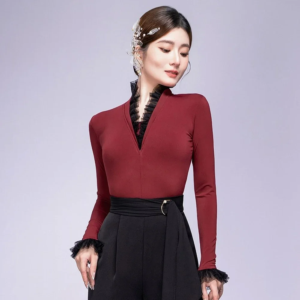 

Новый стильный комбинезон для танцев ча-ча с v-образным вырезом, облегающий женский топ с длинными рукавами для выступлений самбы, латинских танцев, танцевальный топ