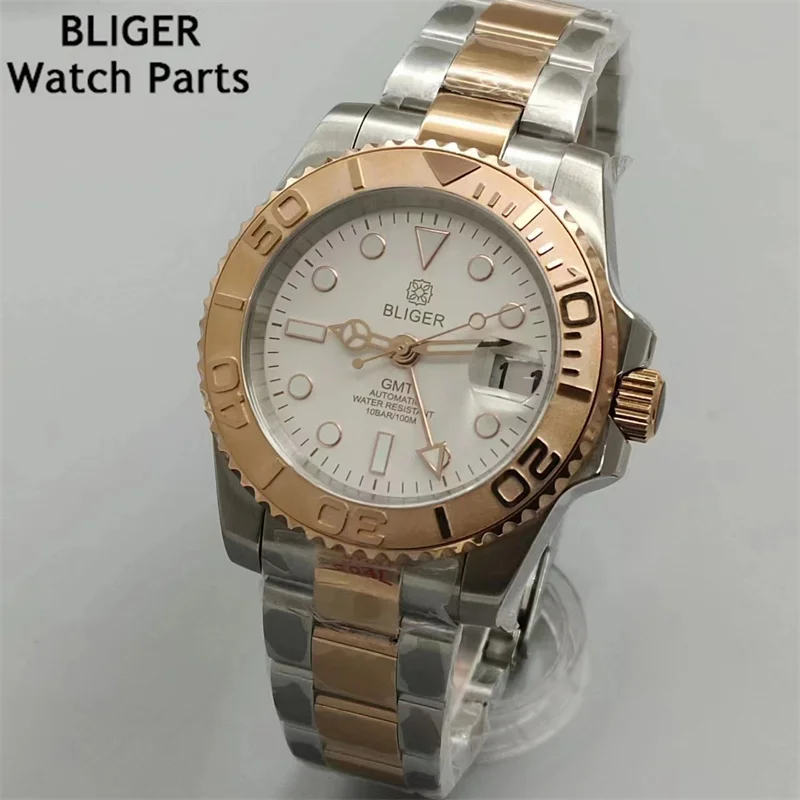 BLIGER 40mm NH34 GMT Function Automatic Men's Watch Black White Dial Date At 3 o'Clock Display Sapphire Glass Oysert Bracelet