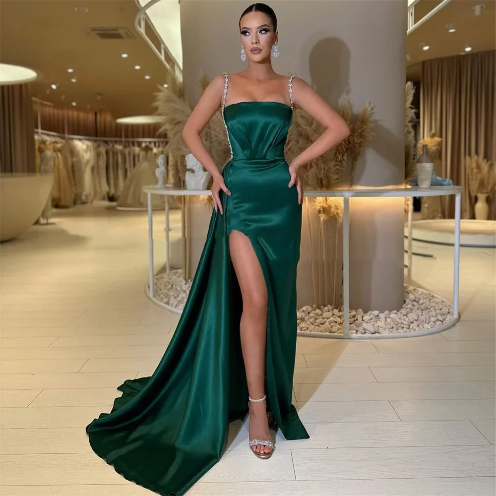 Elegant dark green party gown Mermaid Shimmering Italian skinny shoulder with backless high slit satin for women's evening dress