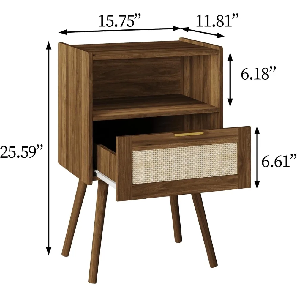 Rotan nachtkastje met massief houten poten, nachtkastje met opberglade en open houten plank, voor woonkamer, slaapkamer