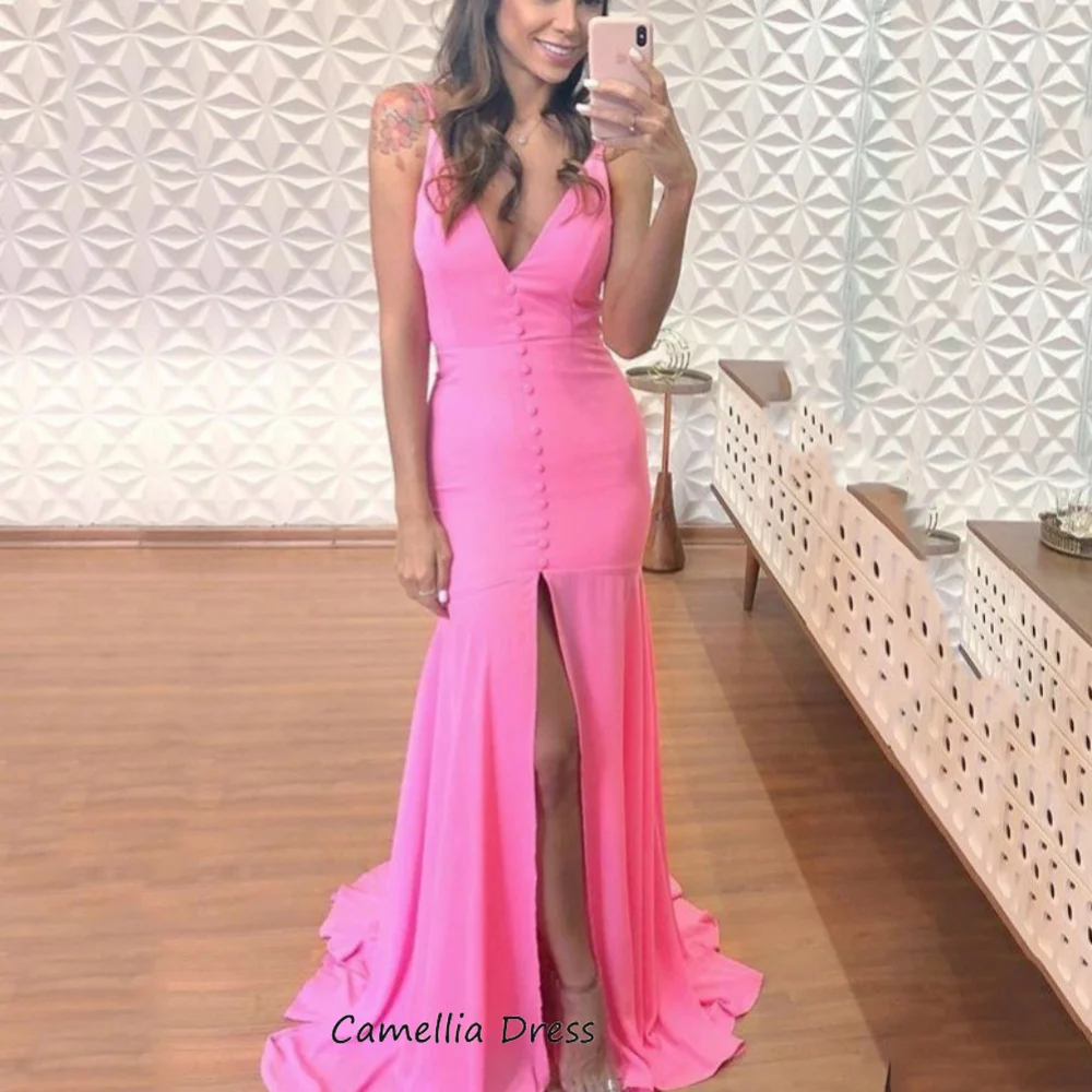 Camellia Simple Sexy Party Dresses Mermaid V-Neck Spaghetti Straps Gowns Split Button New Arrival Prom Dress فساتين سهرة