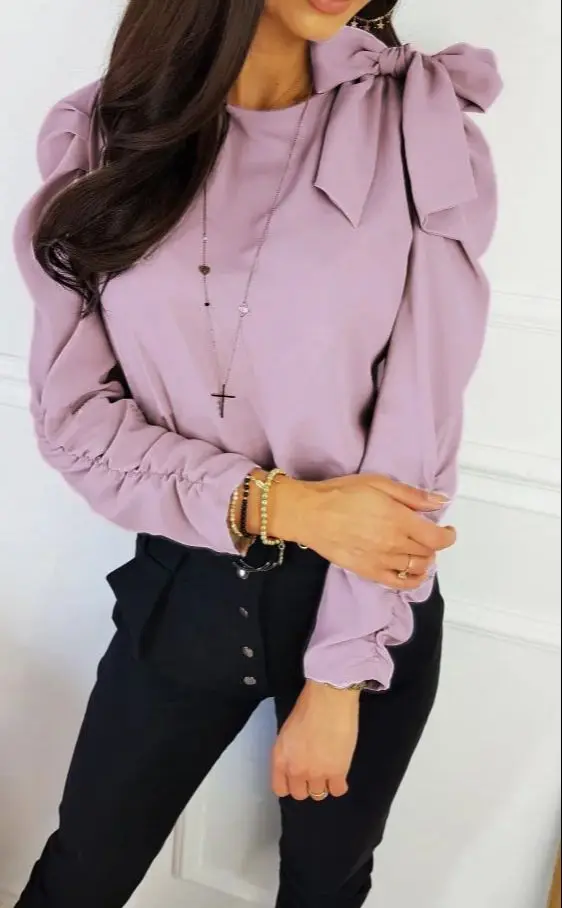 Solid Color Casual Top for Women with Ruched Sleeves & Bowknot Decor