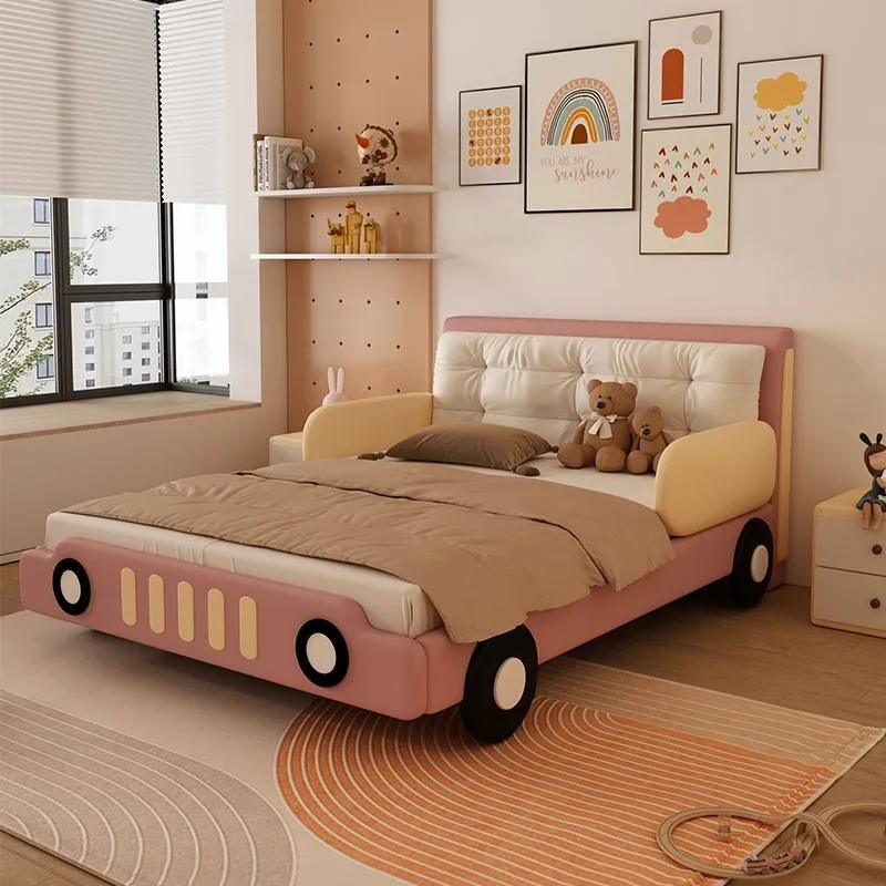 Car bed, solid wood bed for boys with guardrail bed, bedroom for primary school students 1.5M suspended simple boys