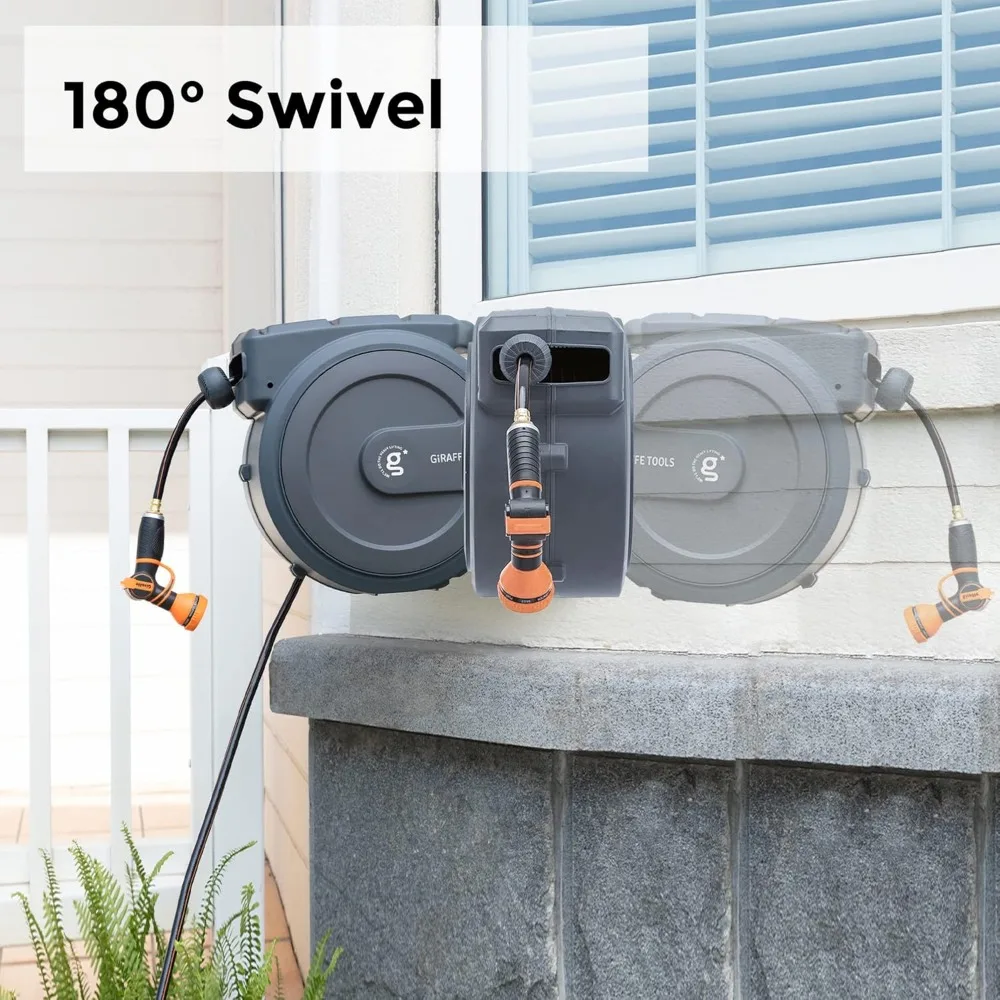 Retractable Hose Reel 5/8" X 90 Ft Wall Mounted , Automatic Rewind, 180 Deg Swivel, Any Length Lock, 90 Ft, Dark Grey