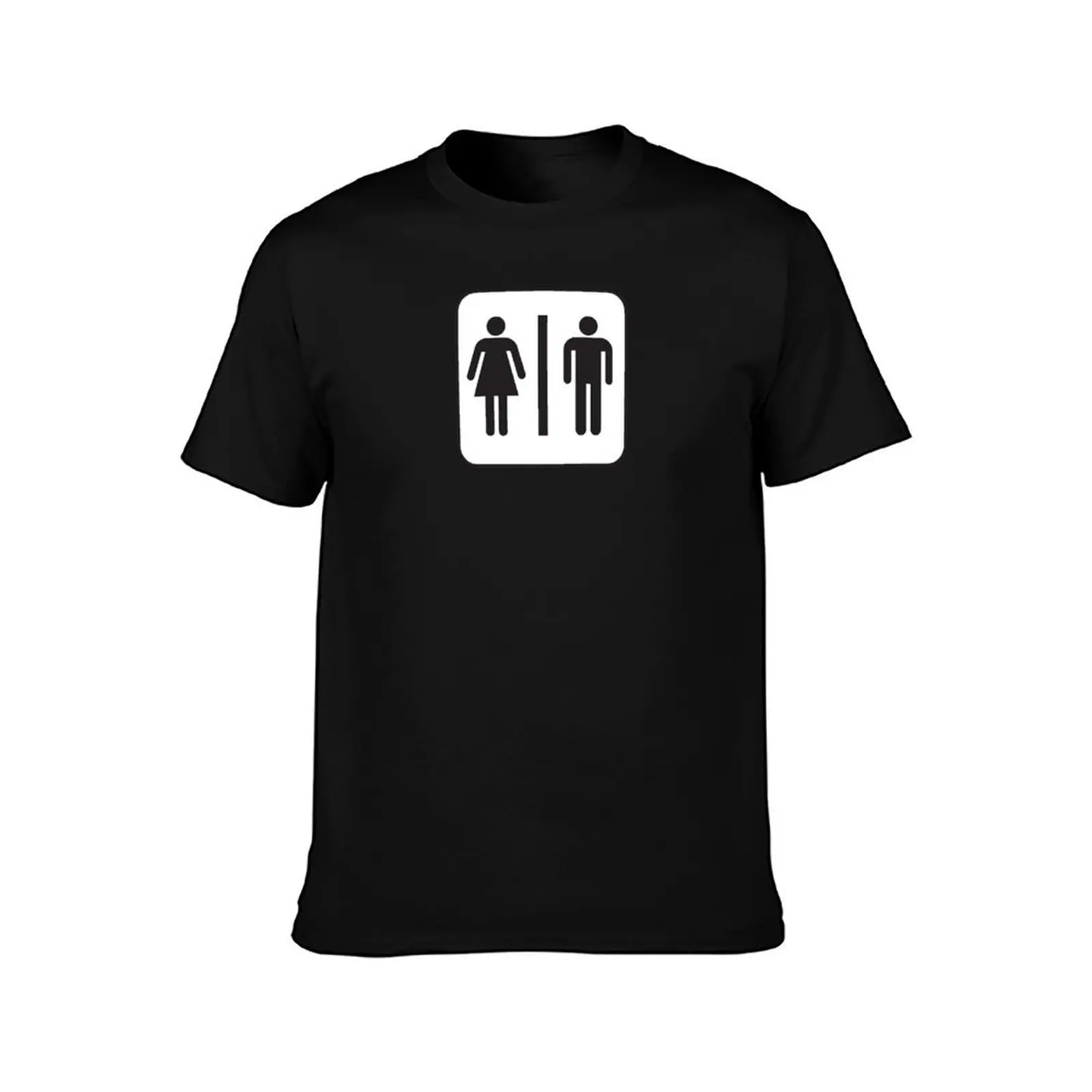 Restroom Sign - men, women, genders, black, white, no text, stick figures, square T-Shirt