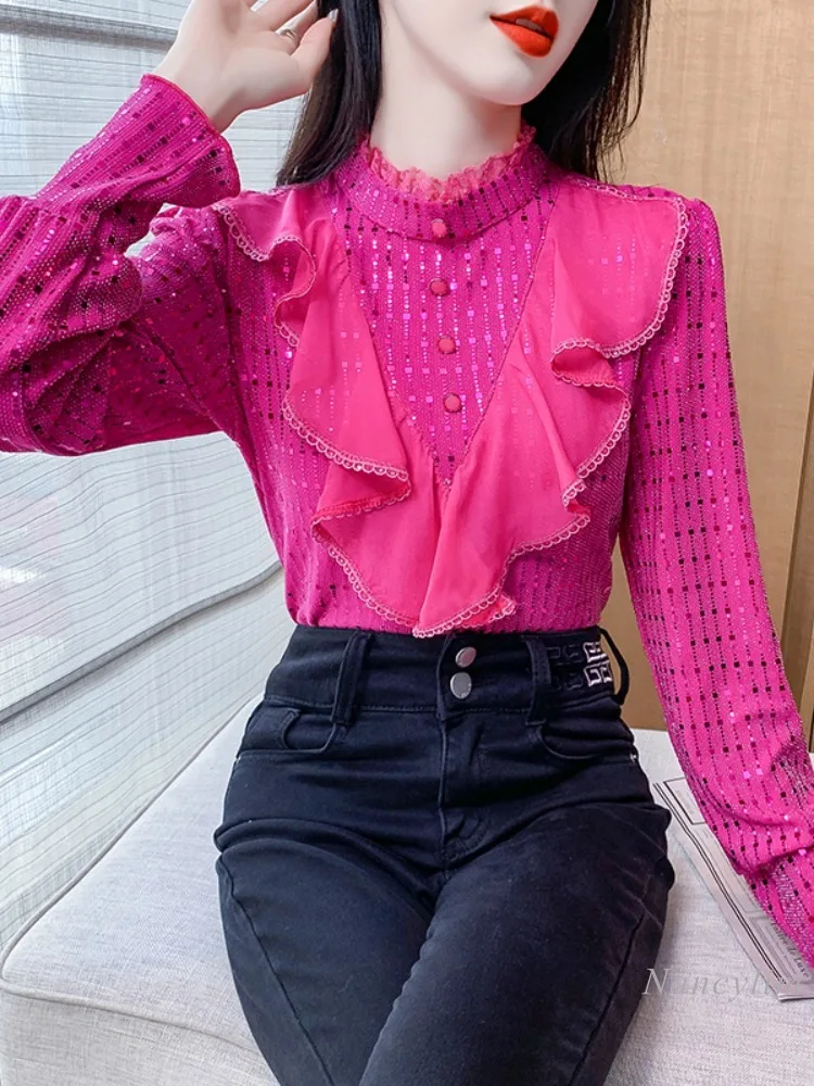 

Lotus Leaf Edge Long-sleeved Chiffon Shirt Spring and Autumn Women's Clothing 2024 New Sequined Top European Style Blouse