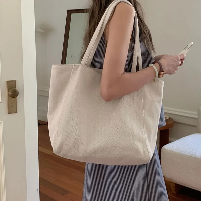 

All white large capacity hand-held tote bag twill canvas commuter one shoulder hand-held casual women's bag