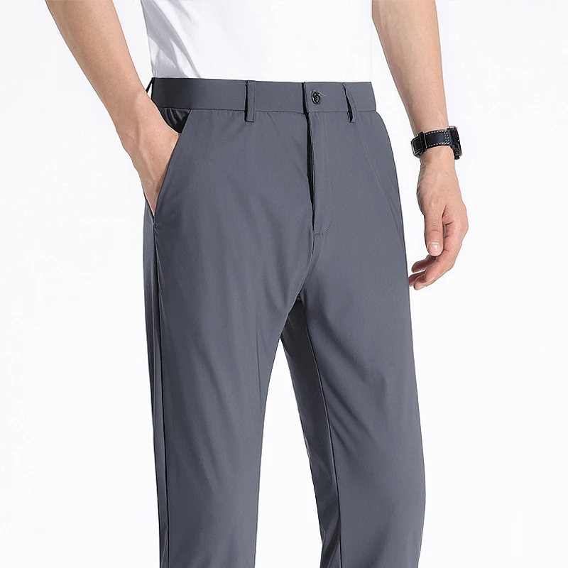 2024 minimalist new summer solid color Ice Silk fabric men's pocket zipper fashion versatile business casual straight Suit Pants