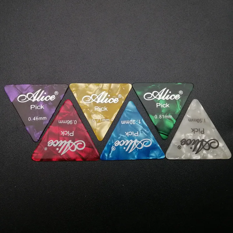 100pcs/lot Alice AP-100L Mix Color Celluloid Large Triangle Guitar Picks with Logo Printing 0.46/0.71/0.81/0.96/1.2/1.5MM