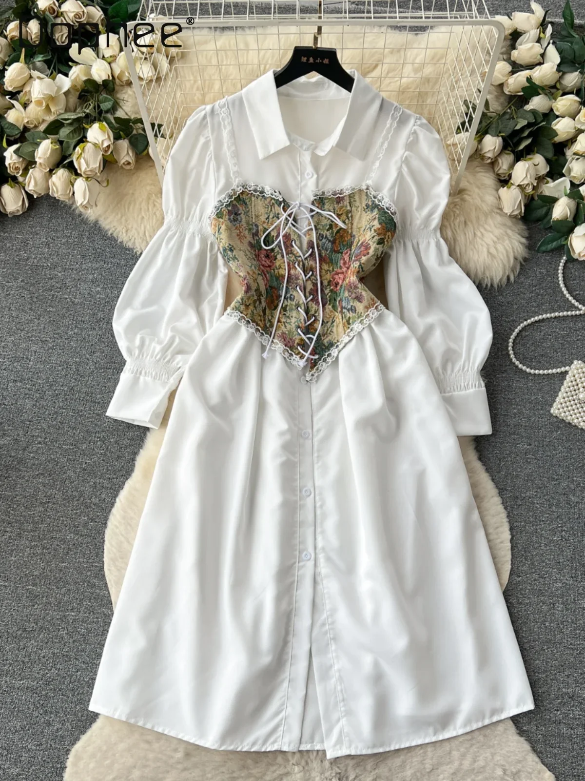 French Style Long Puff Sleeves Lapel Single Breast White Shirt Dress + Floral Print Lace Bandage Camisole Two Piece Set