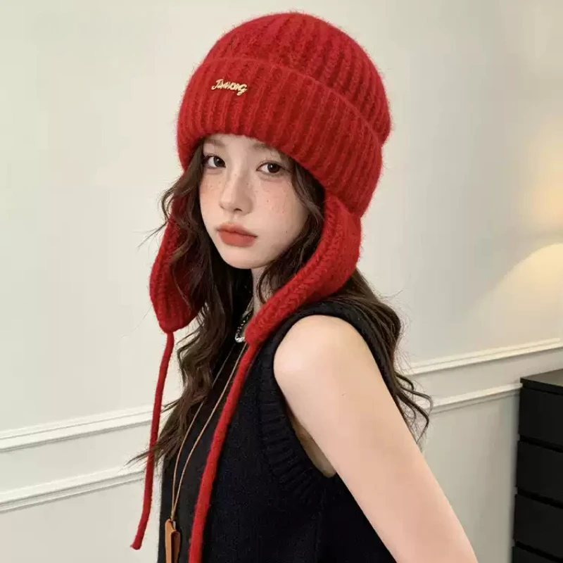 Cute Solid Color Ribbed Knitted Ear Protection Beanies for Women Autumn Winter Warm Tie String Earflap Hats Streetwear Cap Men