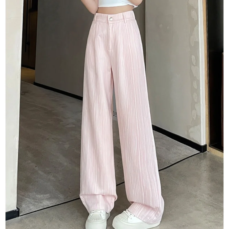 High Waist Blue Striped Suit Women's Wide Leg Pants Single Button Elegant Straight Loose Full Length Trousers Female 2025 New