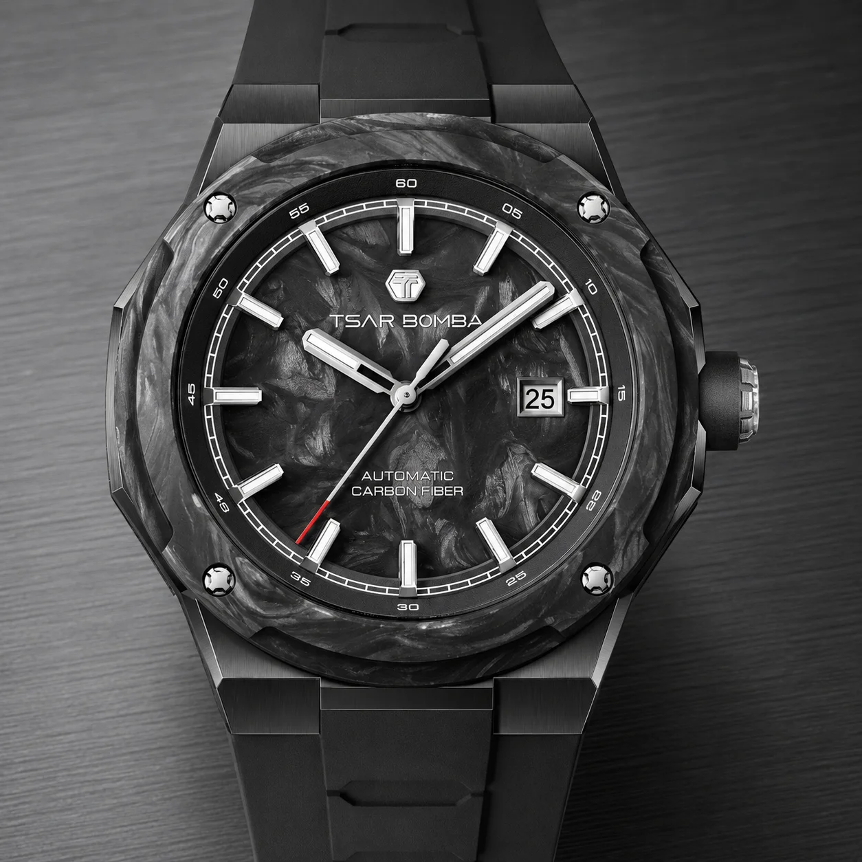 TSAR BOMBA Men's Automatic Watch Miyota Sapphire Carbon Bezel 316L Steel FKM Strap 100M Waterproof Luminous Folding Clasp Gift