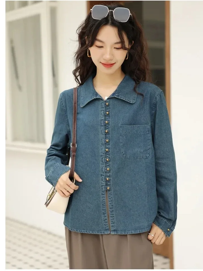 

2025 Spring and Autumn New Women's Cowboy Shirt Loose Commuter Collar Shirt Jacket