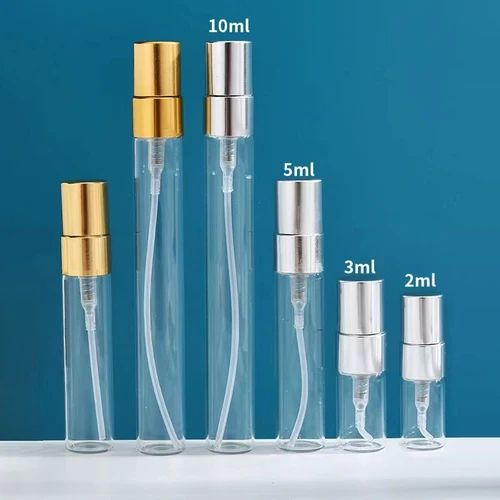 Imagen 2 del producto 30/50 Uds 100 Uds 2ml/3ml/5ml/10ml botella de Perfume recargable de vidrio botella de Spray vacía atomizador botellas de Perfume botella de spray de Metal