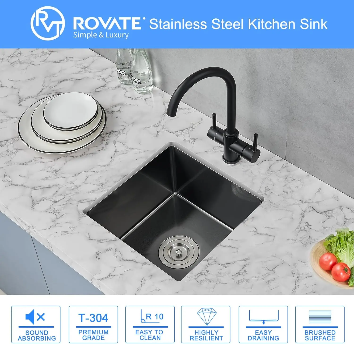 ROVATE 15x15 inch Black Bar Sink Undermount Black Nano Kitchen Sink Single Bowl T-304 Stainless Steel Sink with  Basket Strainer