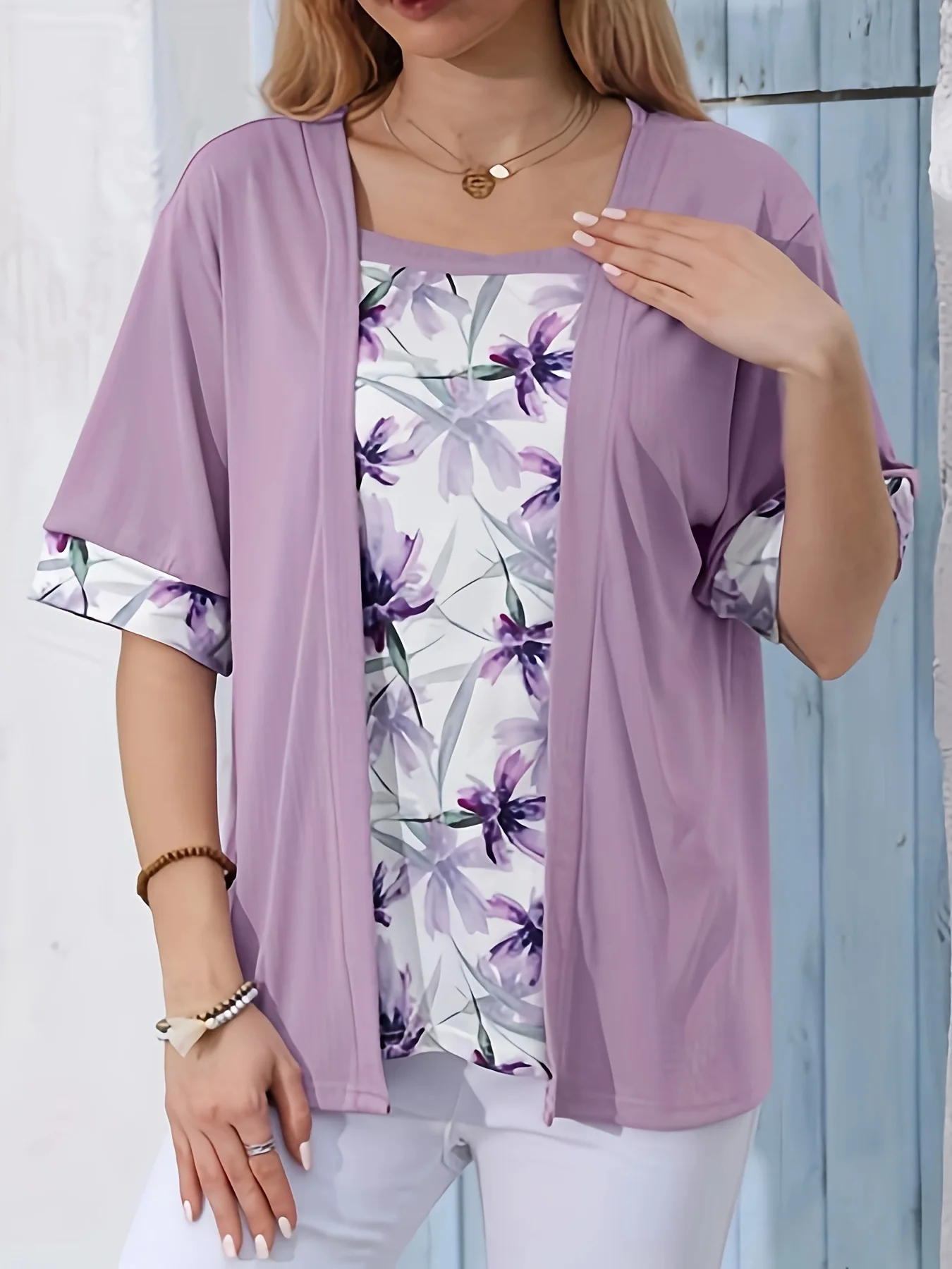 5XL Plus Size Women T Shirt Short Sleeve Retro Floral Print Fake Two Pieces Shirts Patchwork Summer Casual Square Collar Tee Top — zdjęcie 4