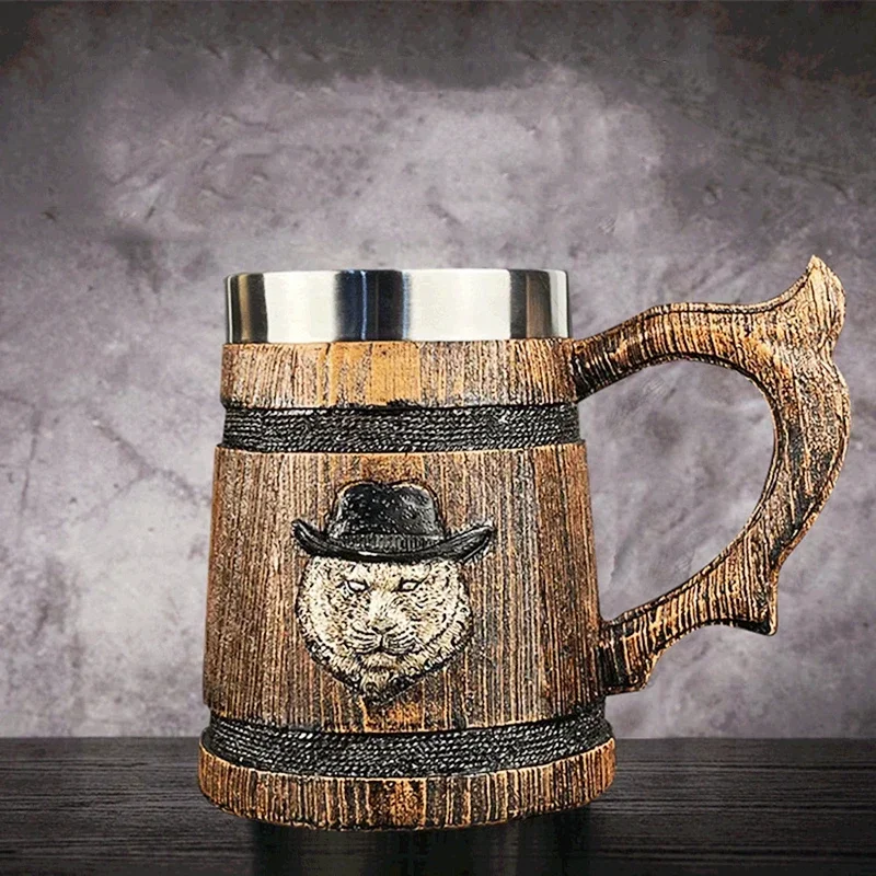 Lion Tiger Wooden Barrel Drinking Cup 580ml 3D Stainless Steel Mug Resin Beer Stein Tankard Coffee Tea Cup Halloween Gift Bar