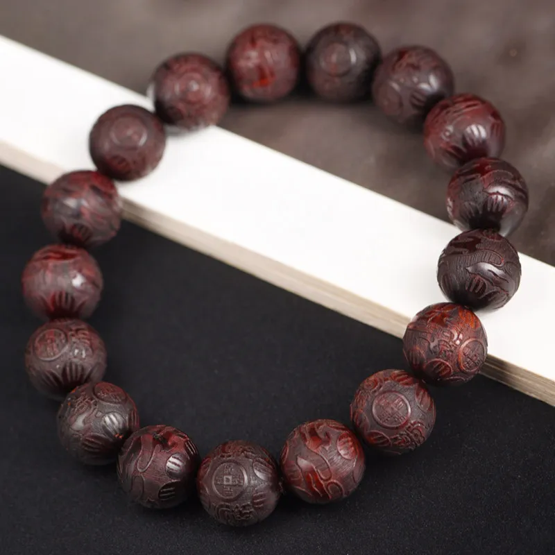 Chinese Traditional Good Luck Blessing 12mm Carved Natural Red Sandalwood Bead Bracelet Buddhist Prayer Wealth Attracting Unisex