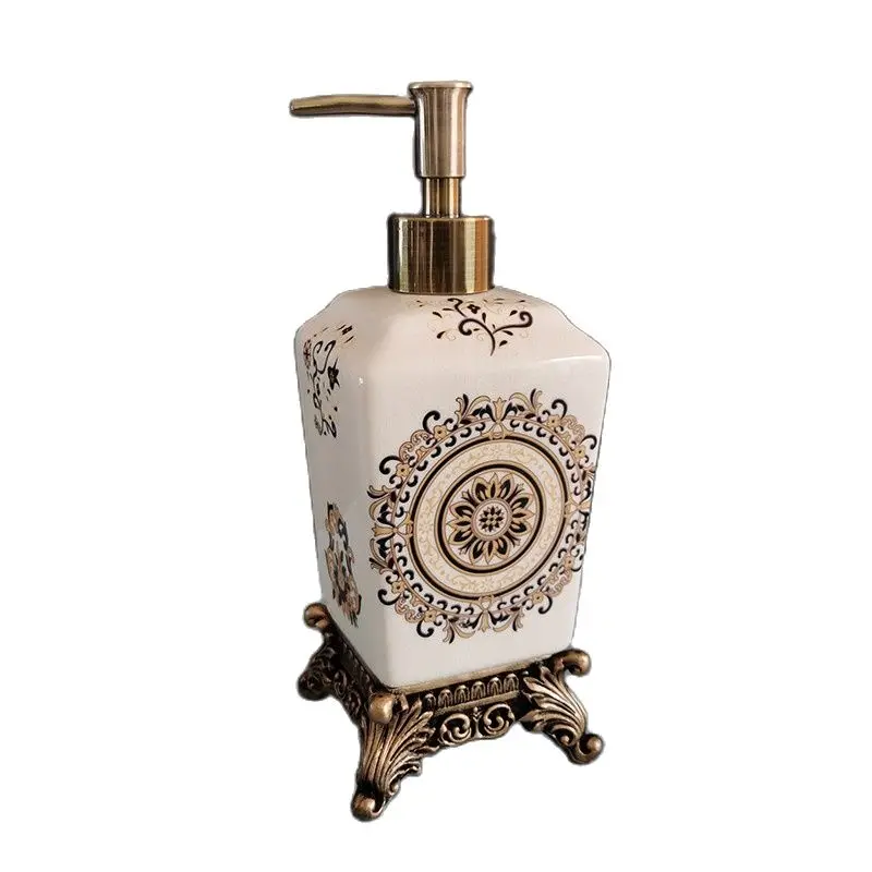 Liquid Soap Dispenser Ceramic Bathroom Emulsion Bottle Hand Press Type Antique Carved Base Girl Friend Gift European Style 340ML