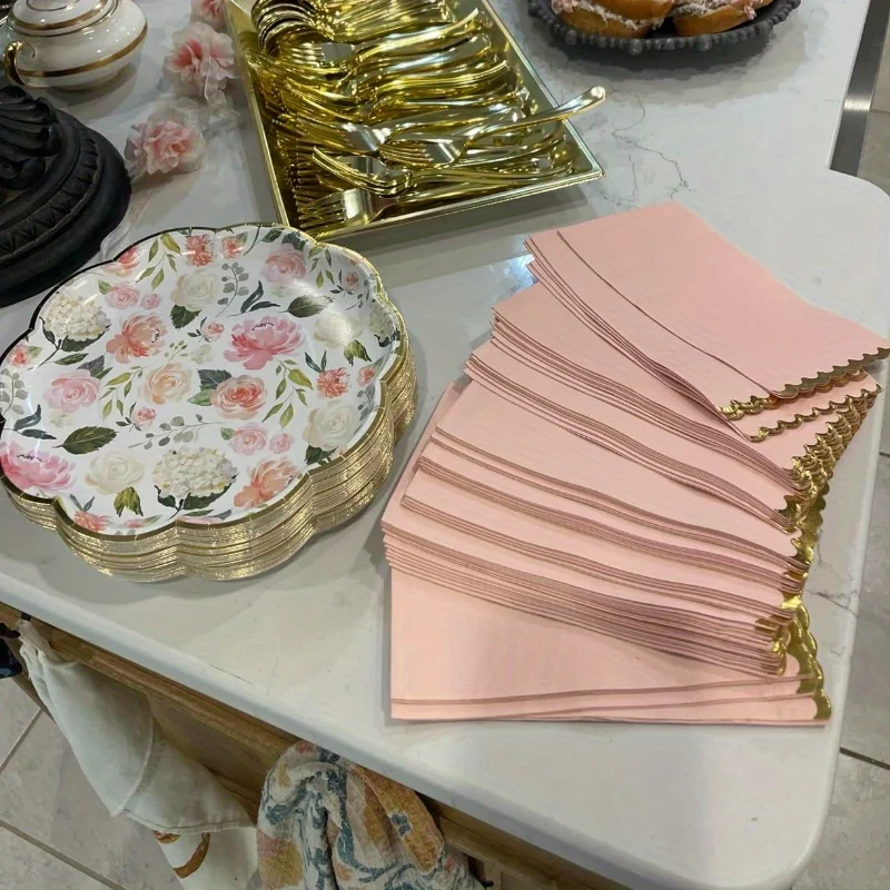 50/100 Pack Pink Paper Dinner Napkins with Gold Foil Scalloped Edges for Birthday Party, Wedding (3-Ply, 4 X 8 In Paper Napkins)