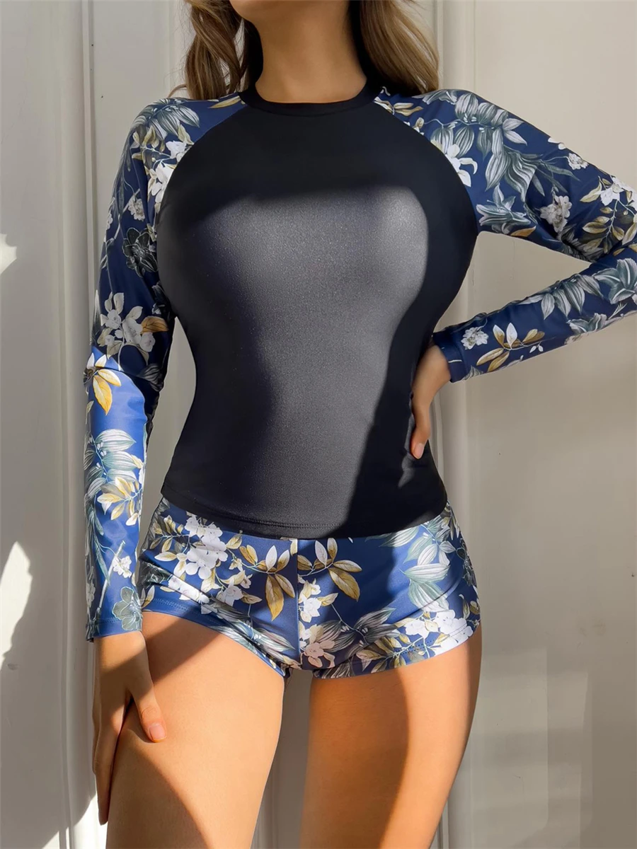 2023 Long Sleeve Rashguard Swimsuit Women Tropical Printed Swimwear Two Pieces Diving Clothes Bathing Suit Surfing Beachwear