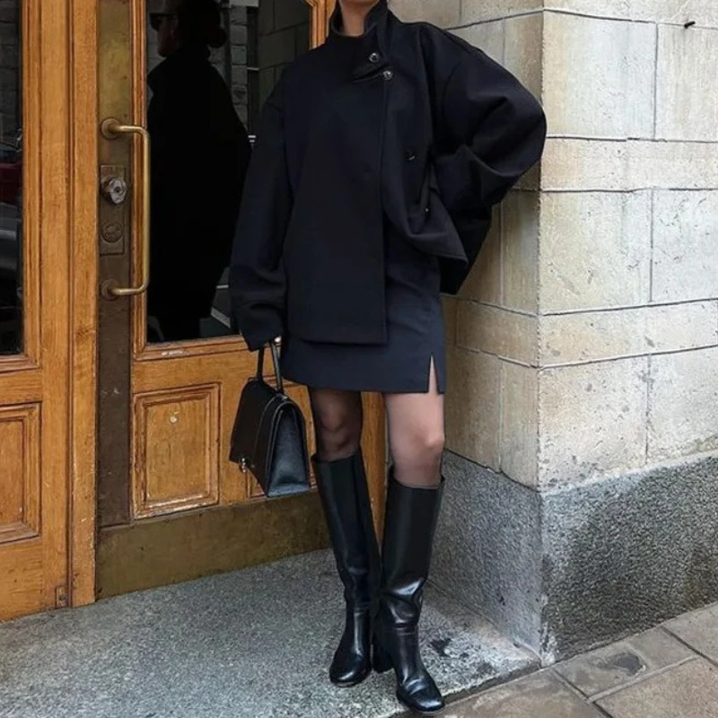 Nowy damski krótki płaszcz wełniany z eleganckim kołnierzem stójką zapinany na jeden guzik, kolekcja jesień 2025