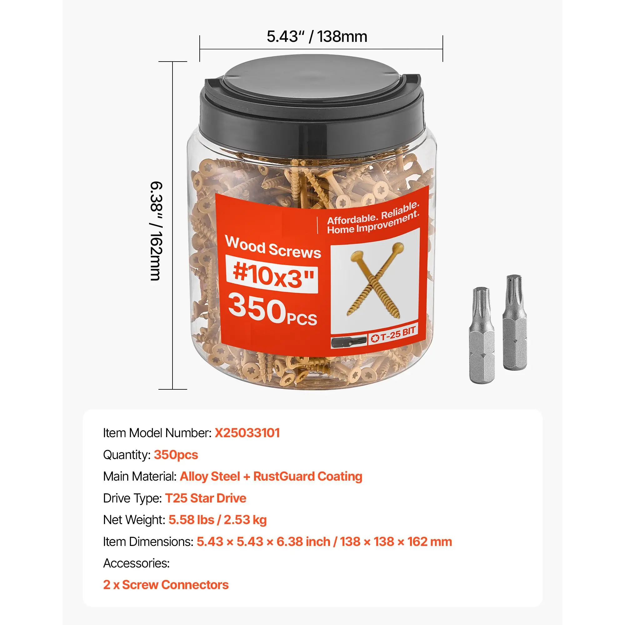 Wood Screws 350 PCS, #10 x 3-Inch Anti-Rust Coated, Exterior Deck Screw Torx/T25 Star Drive, Metal Rust-Resistant Outdoor Decking Screws with 2 Screw Connectors, for Decking Fencing Framing