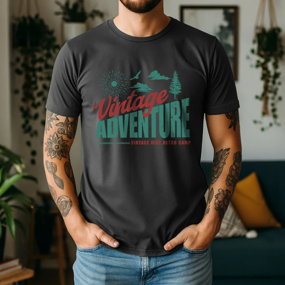 New Summer Men's 100% Pure Cotton T-Shirt Vintage Adventure Nature Explorer Retro Camp Casual Breathable Short Sleeve
