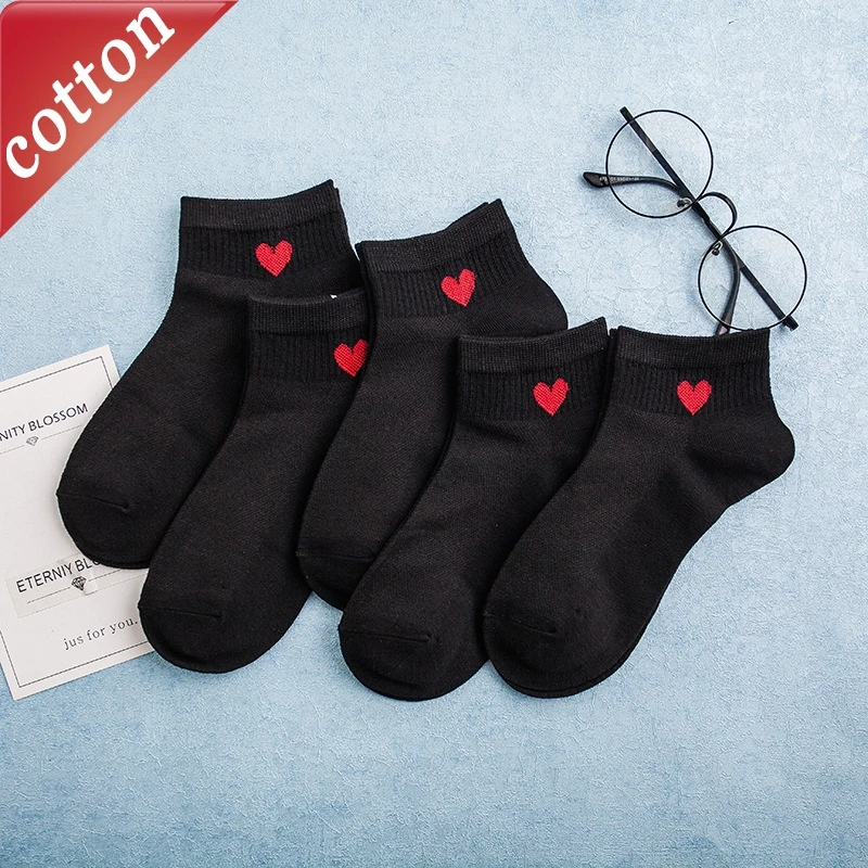 

5-парный комплект женских носков, корейские простые универсальные носки Harajuku Kawaii с красным сердцем, удобные хлопковые носки для девочек, оптовая продажа